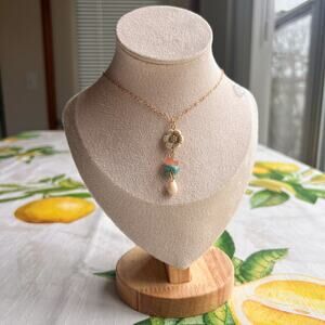 Floral Flower Pink Cherry Quartz Turquoise Beige Czech Glass Casual Necklace